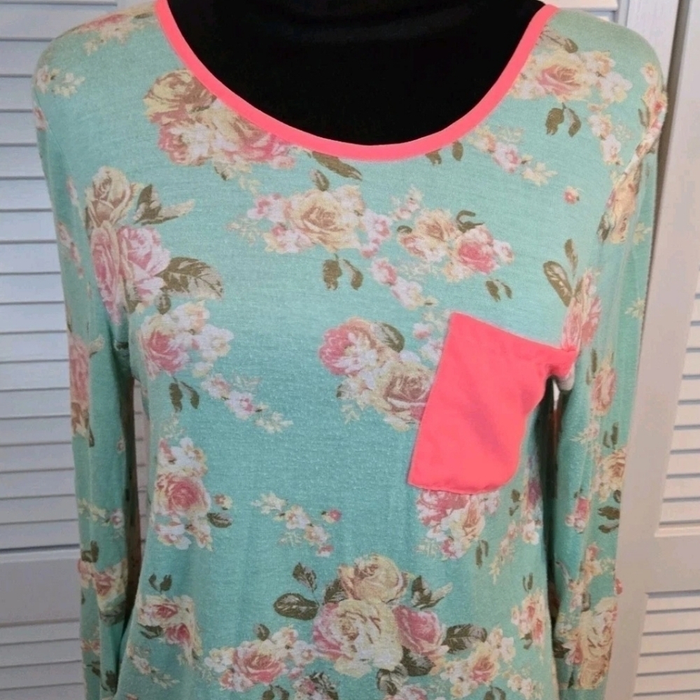 Rue 21 Teal Floral Neon Pink Trim And Bow Back SMALL  Vintage Look Girlhoodcore